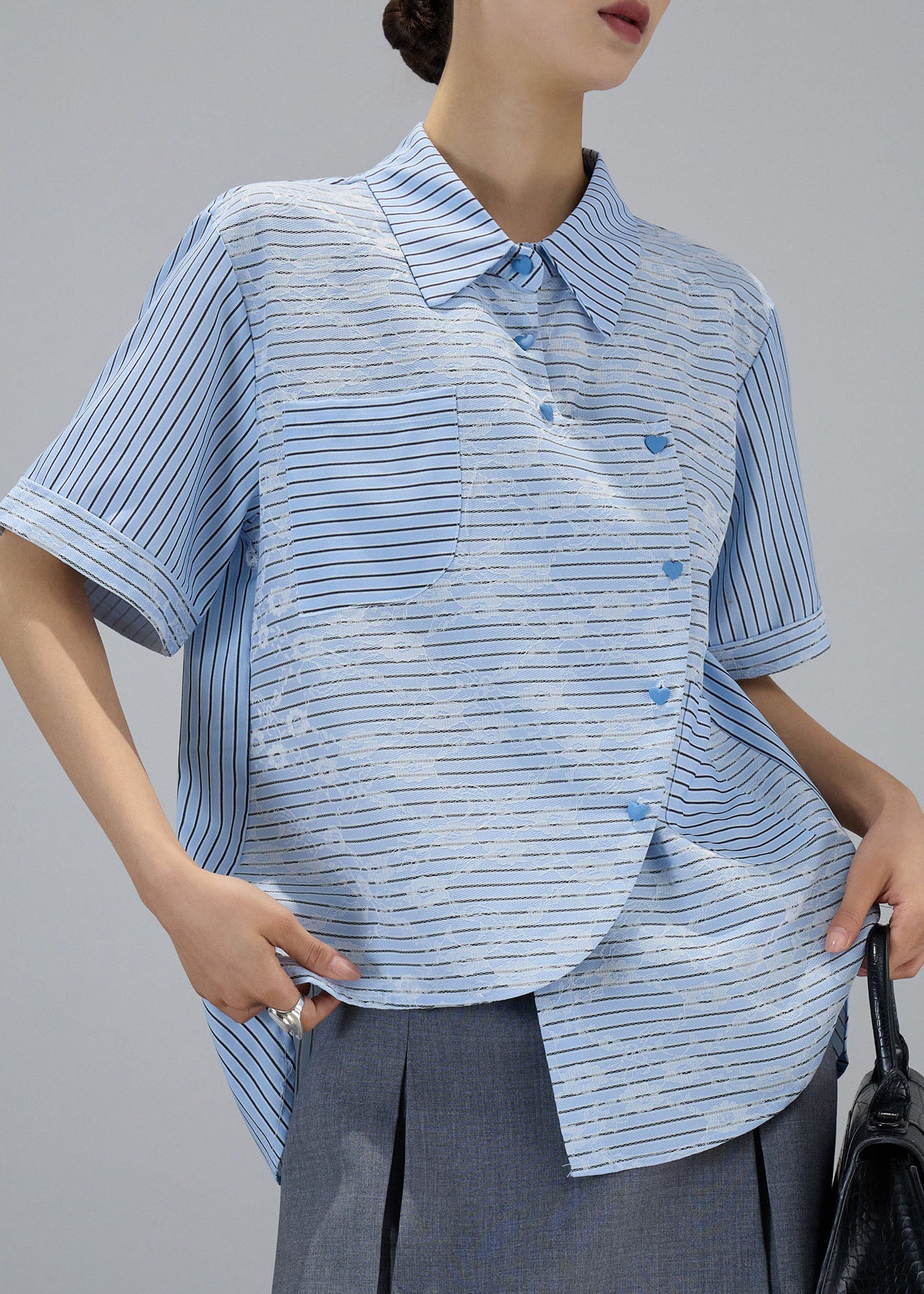 Blue Asymmetrical Design Striped Cotton Blouses Summer