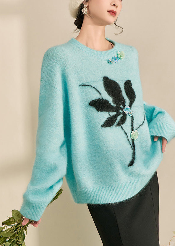 Blue Print Patchwork Thick Cotton Knit Sweater Long Sleeve Fall