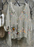 Comstylish Retro Butterfly Daisy Print Casual Cotton Linen Shirt