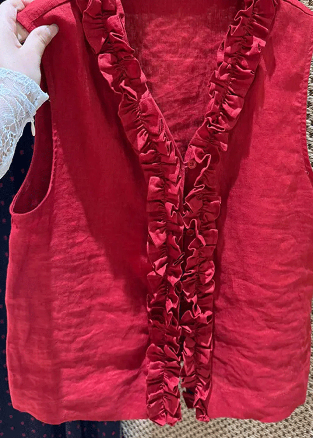 Simple Red V Neck Ruffled Cotton Blouse Top Sleeveless Fall