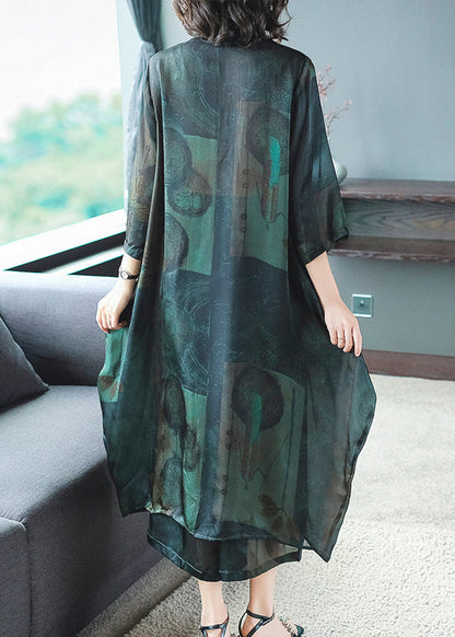 Original Green Pockets Print Thin Silk Shirt Dress and Wide Leg Pants Two Piece Outfit Summer