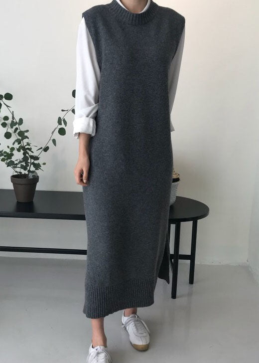 Diy Grey O Neck Patchwork Knit Vest Dress Sleeveless
