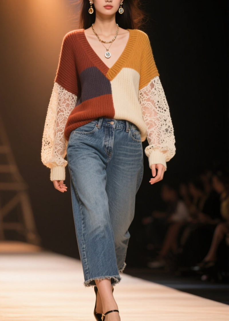 Colorblock Hollow Out Lace Patchwork Knit Sweater Fall