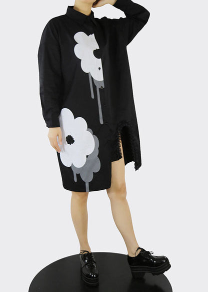 Black Asymmetrical Design Ruffled Shirt Dresses Spring