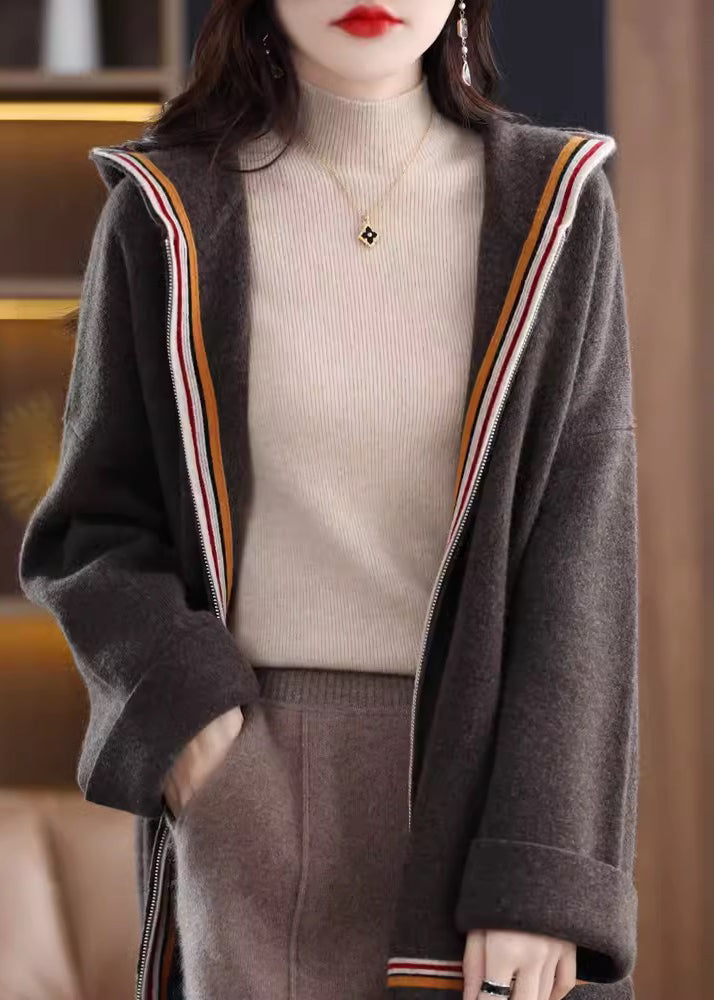 Camel Pockets Cashmere Hooded Cardigans Fall