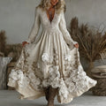 Women's Vintage Floral Embroidery Art Comfy Linen Maxi Dress artswardrobe