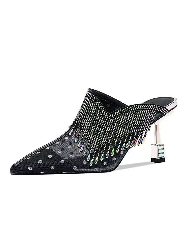 Black Tulle Zircon Tassel Slide Sandals Pointed Toe