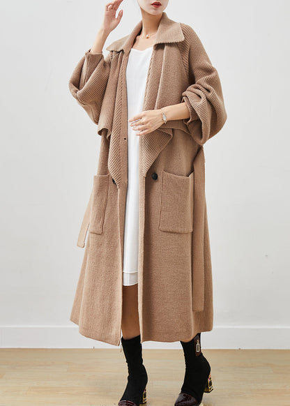Simple Khaki Notched Oversized Pockets Knit Trench Spring