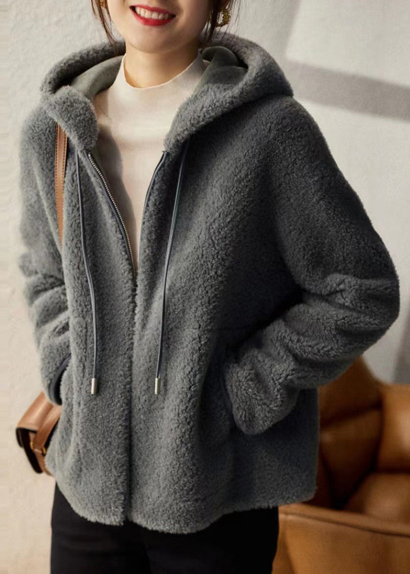 Grey Hooded Pockets Patchwork Woolen Coats Winter