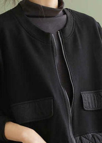 Black Zip Up Patchwork Warm Fleece Jacket Spring