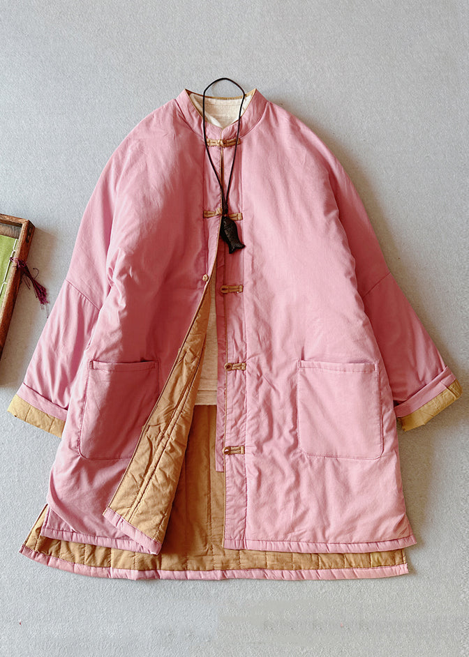 Black Pockets Chinese Button Fine Cotton Filled Loose Coat Winter