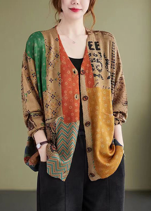 Colorblock V Neck Button Knitting Cotton Coat Fall