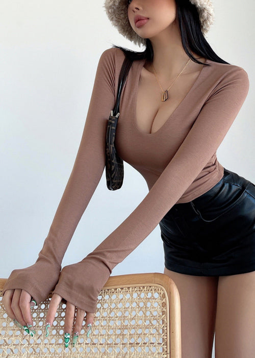 Slim Fit Khaki V Neck Cotton T Shirts Fall