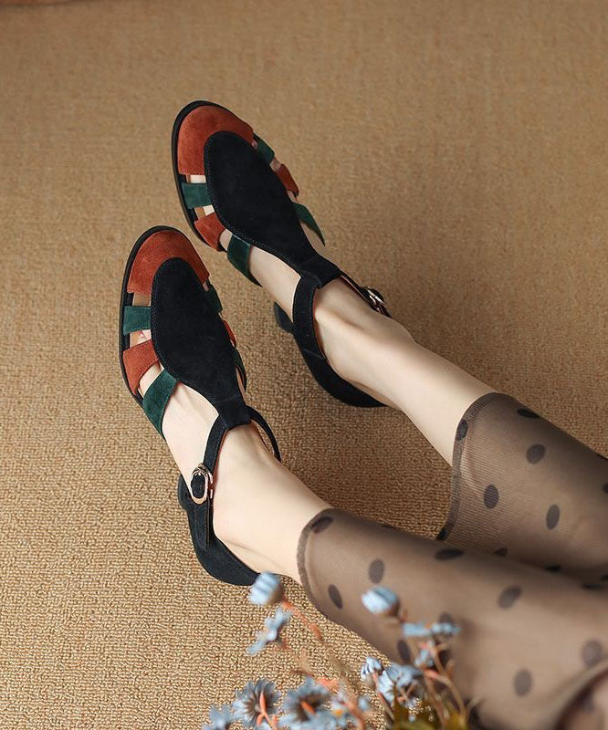Black Sandals Chunky Heel Suede Splicing Buckle Strap