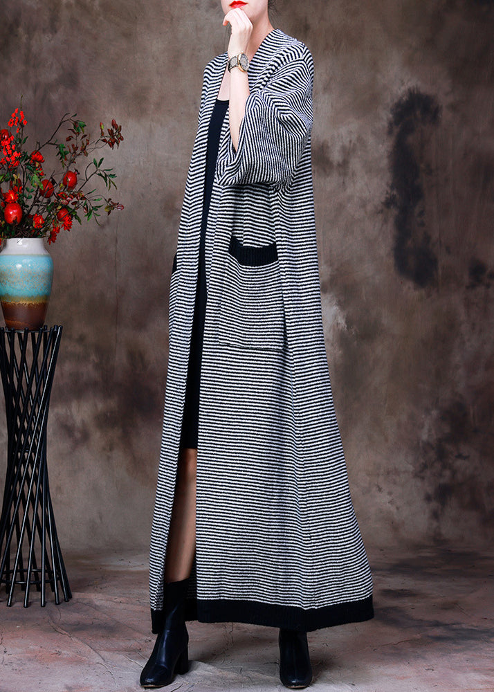 White V Neck Pockets Striped Knit Trench Coats Long Sleeve