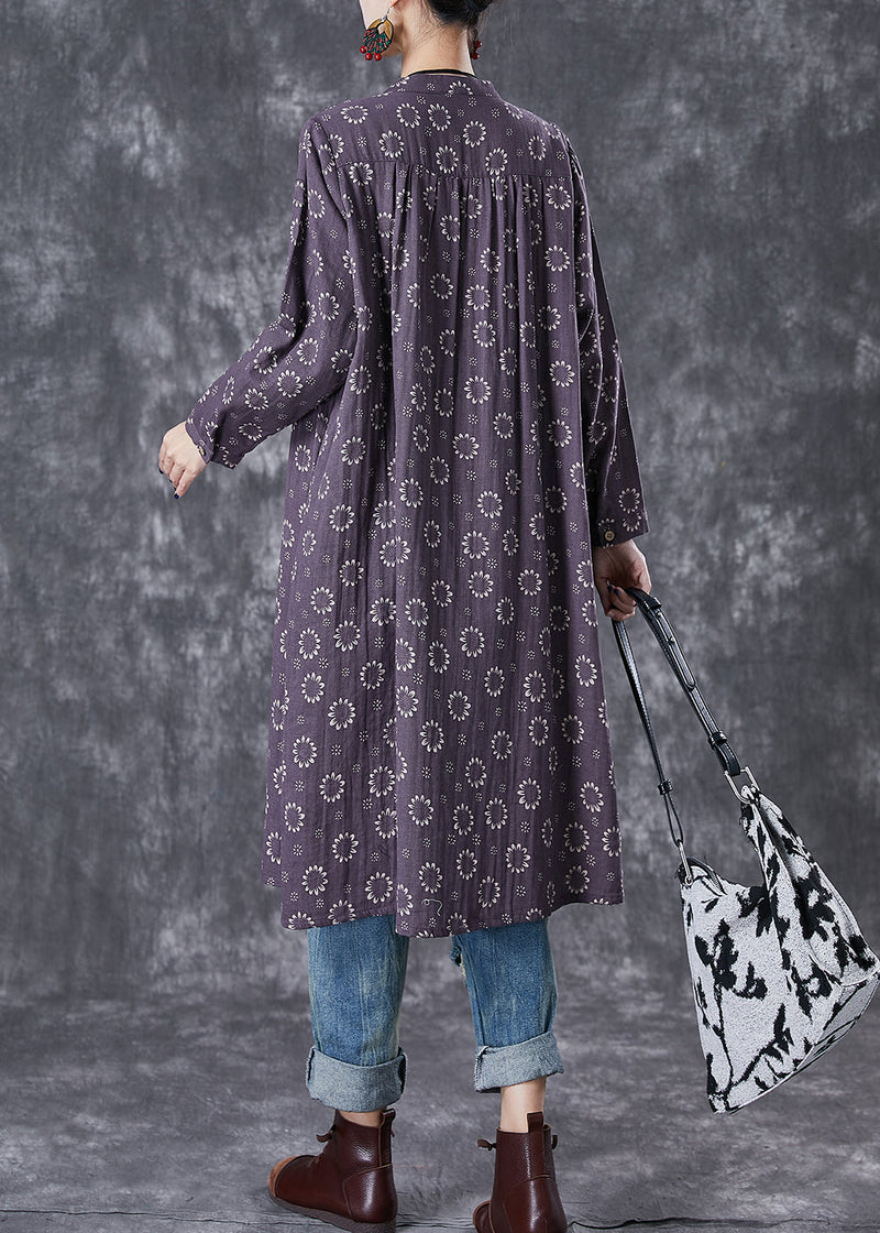 Purple Print Button Down Cotton Dresses Fall