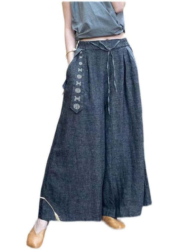 Grey Elastic Waist Drawstring Pockets Linen Wide Leg Pants Summer