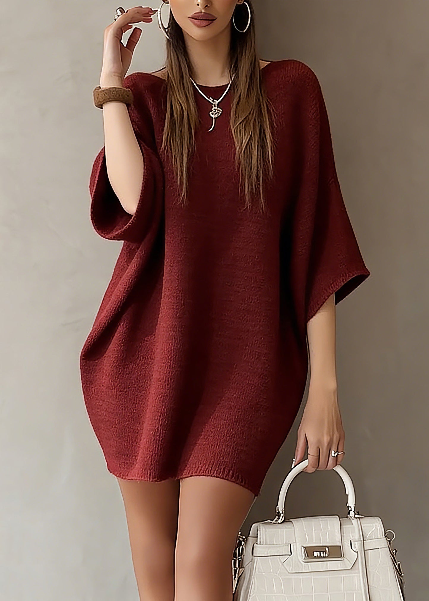 Red Slash Neck Knit Sweater Dress Batwing Sleeve Spring