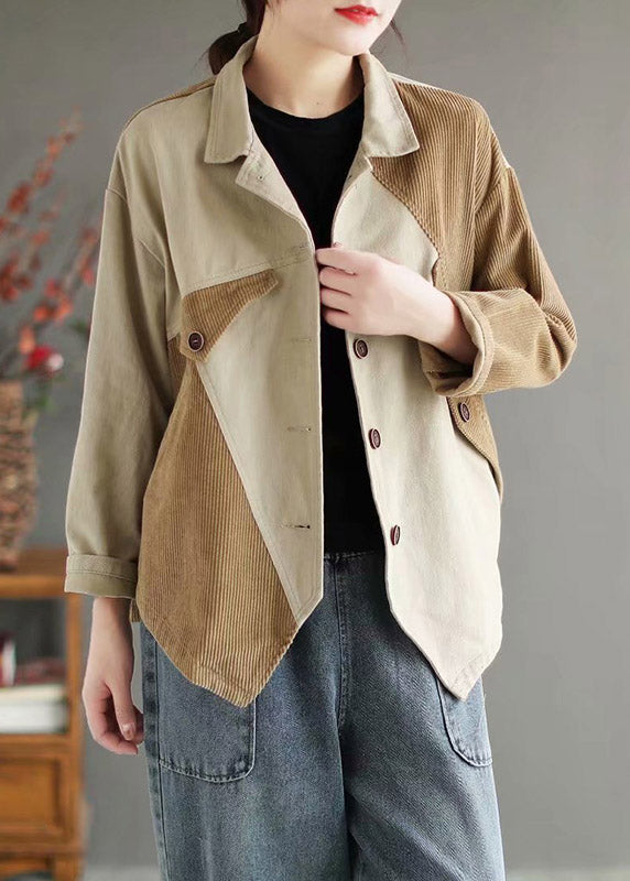 Beige Peter Pan Collar Patchwork Corduroy Coats Long Sleeve