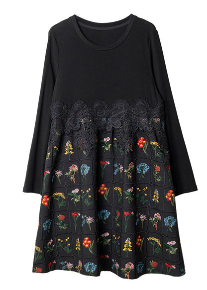 Black Embroidered Lace Patchwork Cotton Dress Spring