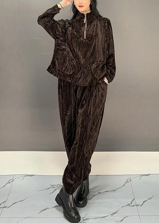 Loose Brown Zippered Tops and Crop Pants Silk Velvet Two Pieces Set Winter