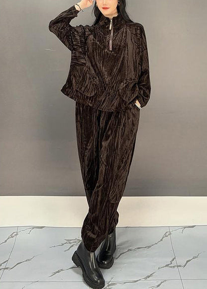 Loose Brown Zippered Tops and Crop Pants Silk Velvet Two Pieces Set Winter