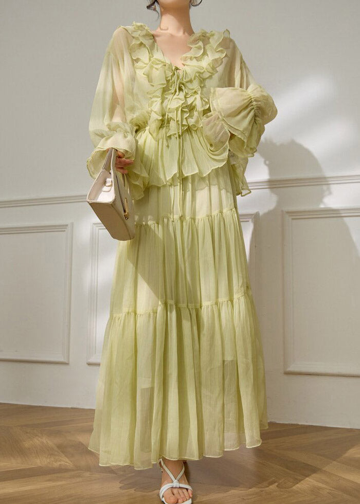 Light Green V Neck Ruffled Shirts and Maxi Skirts Two Pieces Set Flare Sleeve