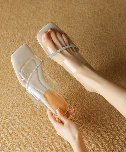 Splicing Chunky Heel Beige Slide Sandals Peep Toe