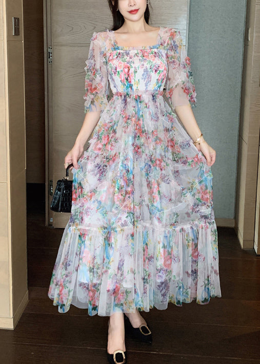 Pink Ruffled Patchwork Print Tulle Holiday Dress Summer