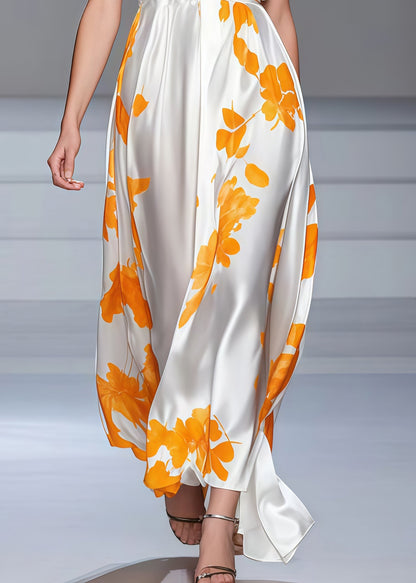 Classy White V Neck Print Silk Long Dress Sleeveless