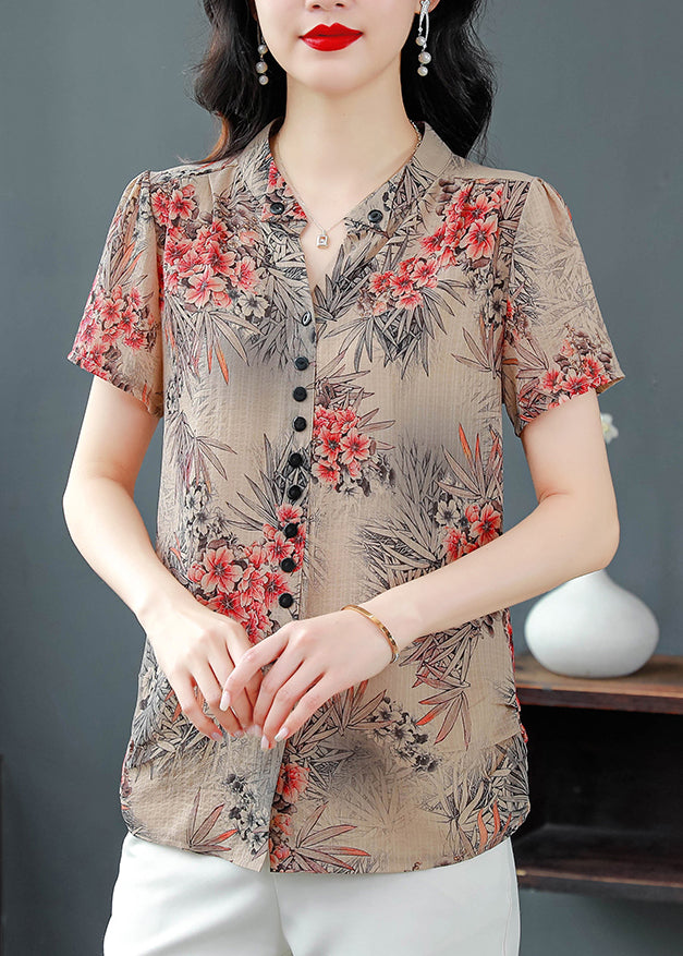 Red V Neck Print Chiffon Shirts Summer