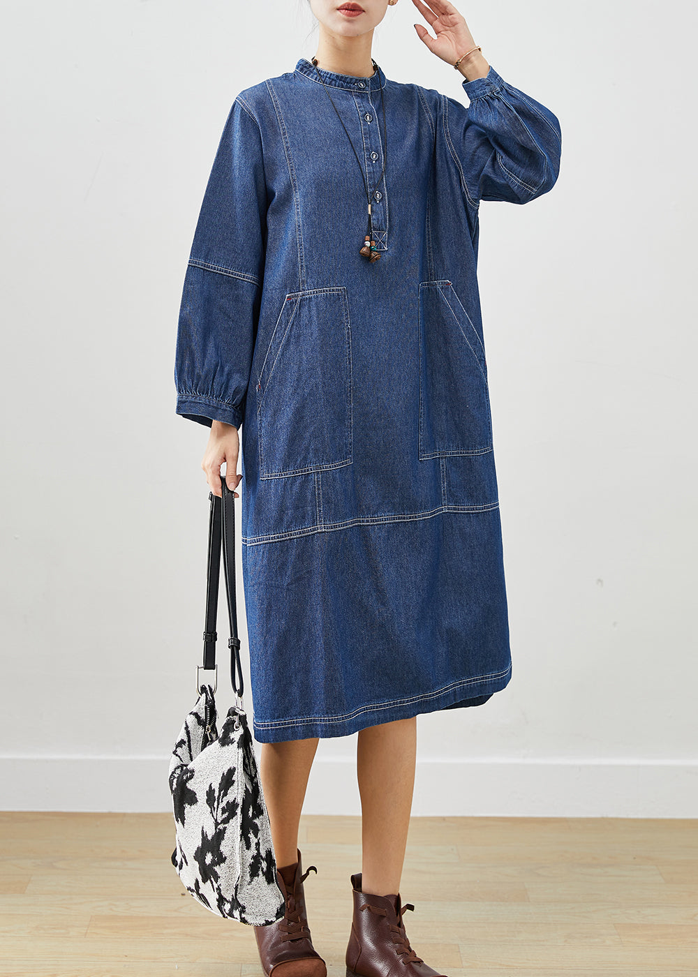 Dark Blue Oversized Patchwork Cotton Vacation Dresses Fall