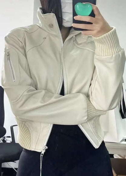 Black Zip Up Patchwork Faux Leather Coats Spring