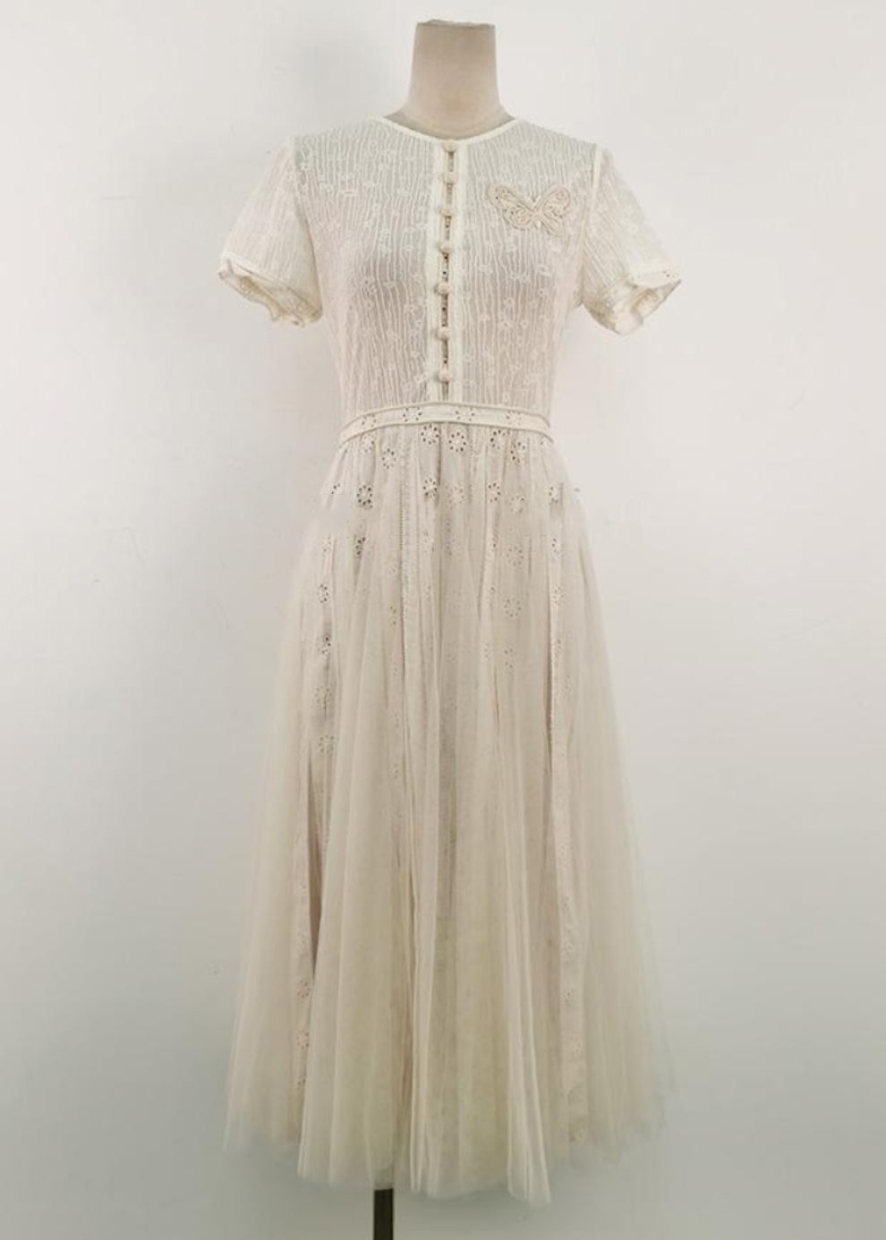 White Embroidered Hollow Out Tulle Long Dress Summer
