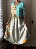 Women's Vintage Floral Patchwork Art Print Pocket Cotton Dress