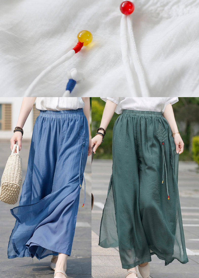 Loose White Elastic Waist Embroideried Linen Pants Spring
