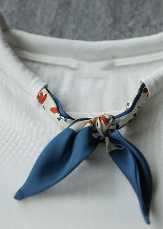 White O-neck Drawstring Bow Cotton Tank Short Sleeve