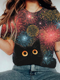Comstylish Watching Fireworks" Cat Lady Short-sleeved Round-neck T-shirt