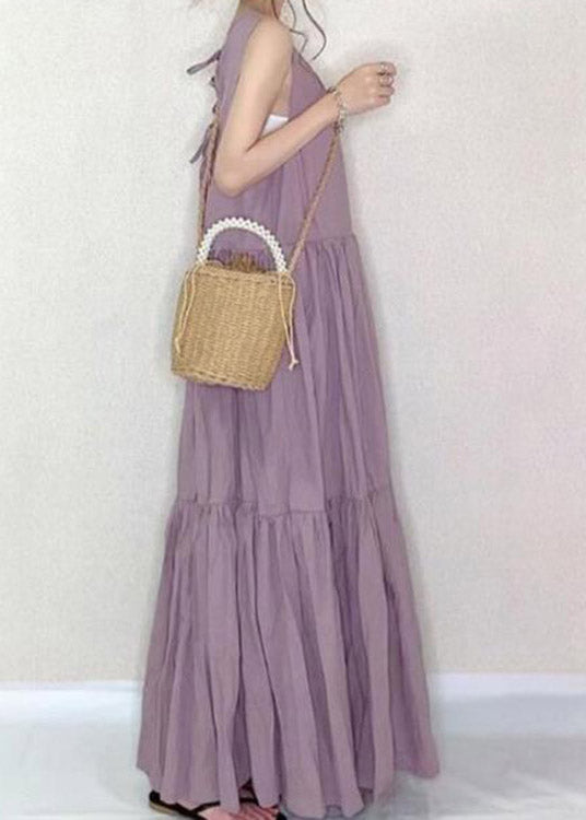 Art Purple O-neck Patchwork Wrinkled Cotton Long Dress Summer