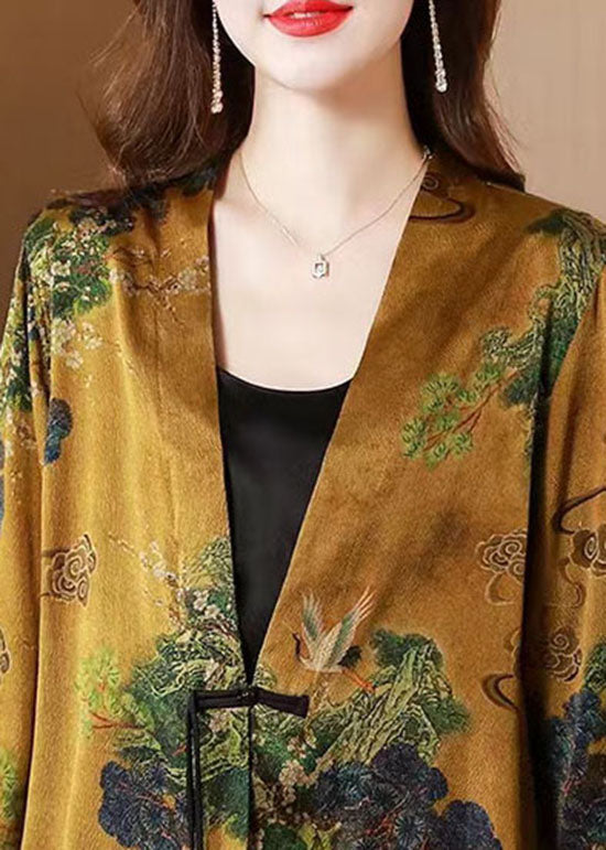Yellow V Neck Tasseled Button Print Silk Cardigans Coats Spring