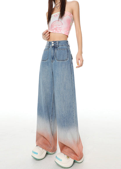 Blue Gradient Pockets Denim Wide Leg Pants Fall