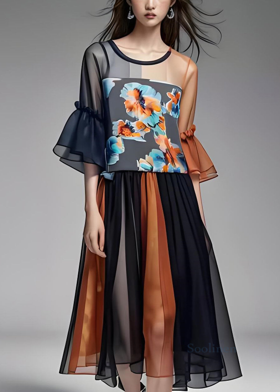 Colorblock Ruffled Organza Patchwork Chiffon Dresses Summer