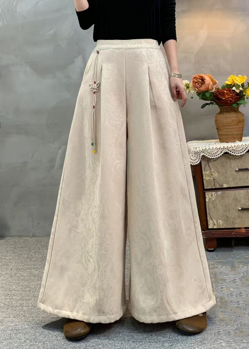 Beige Tassel Embroidered Warm Fleece Pants Winter