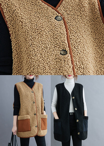 Black V Neck Patchwork Teddy Faux Fur Waistcoat Fall