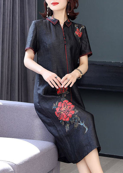 Black Peter Pan Collar Embroideried Silk Dress Summer