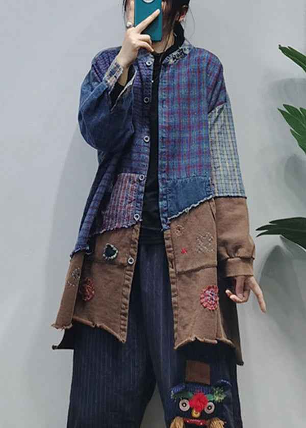 Colorblock Button Stand Collar Patchwork Plaid Cotton Shirts Long Sleeve