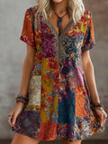 Bohemian Ethnic Style Flower Embroidery Sequin Vintage V-neck Short-sleeved Long Dress artswardrobe