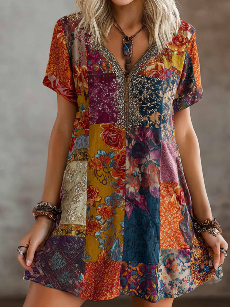 Bohemian Ethnic Style Flower Embroidery Sequin Vintage V-neck Short-sleeved Long Dress artswardrobe