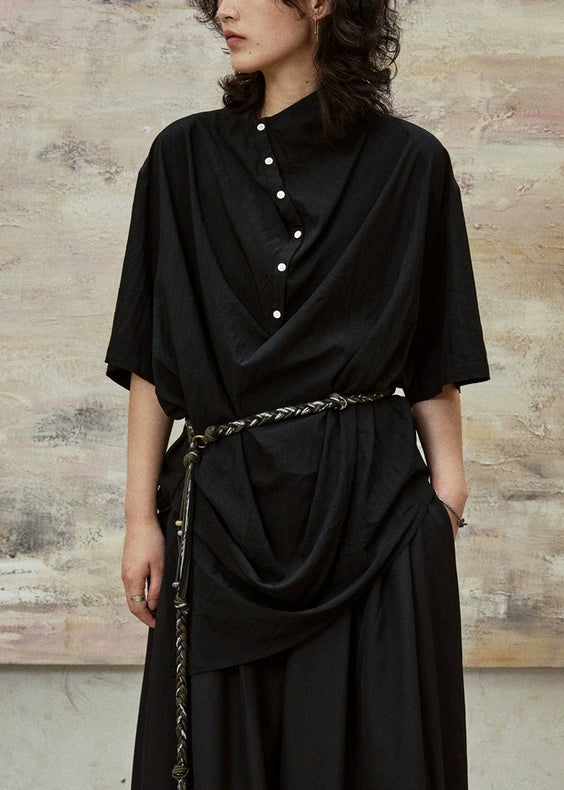 Black Stand Collar Button Cotton Blouses Half Sleeve