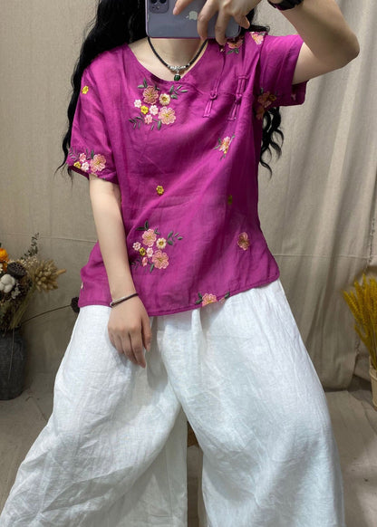 Rose O-neck Embroideried Button Side Open Linen Shirt Short Sleeve